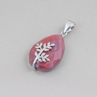 Pendentif Argent 925 Et Pierres Dures Goutte Plate Facette 20x32mm Agate Indienne Rouge