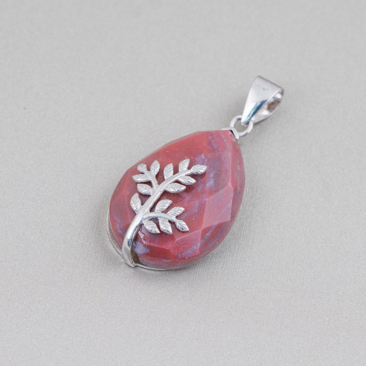 Pendentif Argent 925 Et Pierres Dures Goutte Plate Facette 20x32mm Agate Indienne Rouge