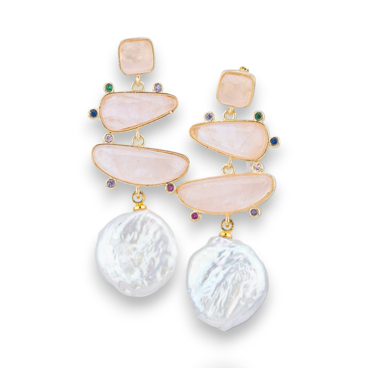 Bronze Stud Earrings Set with Semi-precious Stones and Baroque Pearls Coin 20x50mm Golden Rose Quartz