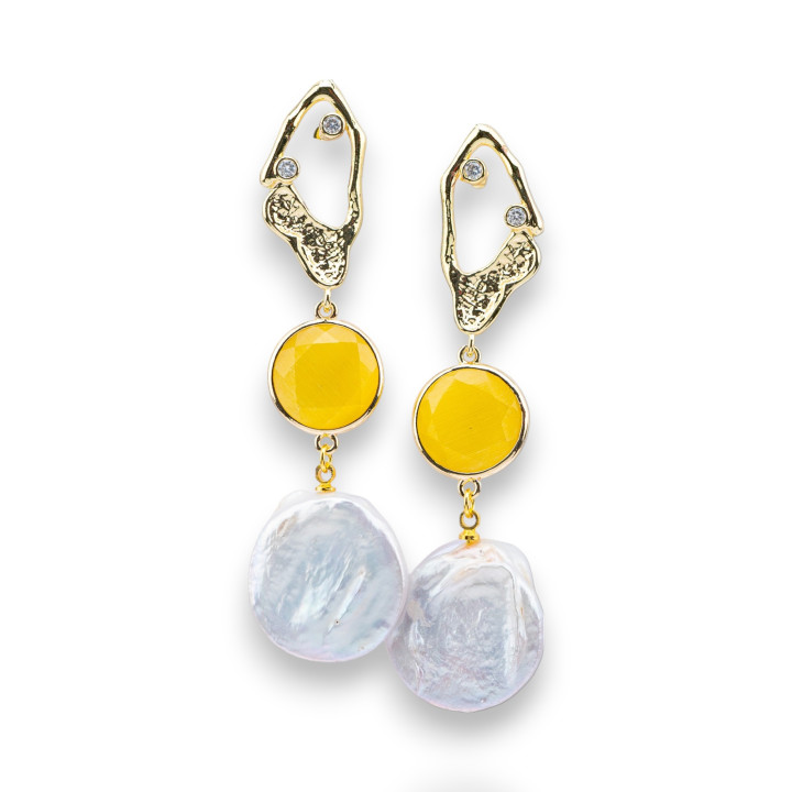 Bronze Stud Earrings With Light Points And Cat's Eyes And Yellow Golden Baroque River Pearl Pendant