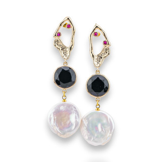 Bronze Stud Earrings With Light Points And Cat's Eyes And Black Golden Baroque River Pearl Pendant