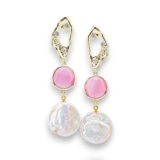 Bronze Stud Earrings With Light Points And Cat's Eyes And Pink Golden Baroque River Pearl Pendant