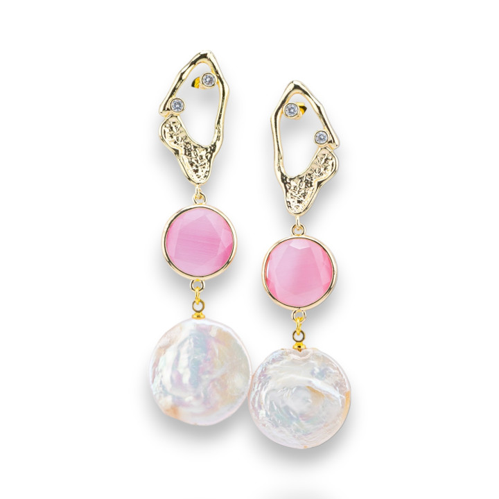 Boucles D'oreilles Puces En Bronze Avec Points Lumineux Et Yeux De Chat Et Pendentif Perle De Rivière Baroque Doré Rose