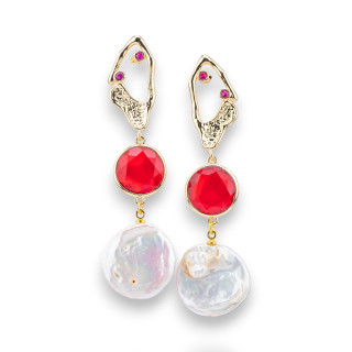 Bronze Stud Earrings With Light Points And Cat's Eyes And Red Golden Baroque River Pearl Pendant
