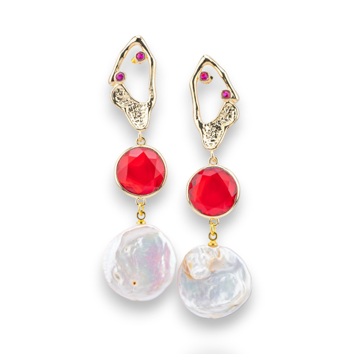 Pendientes De Bronce Con Puntos De Luz Y Ojos De Gato Y Colgante De Perlas De Río Barrocas Doradas Rojas