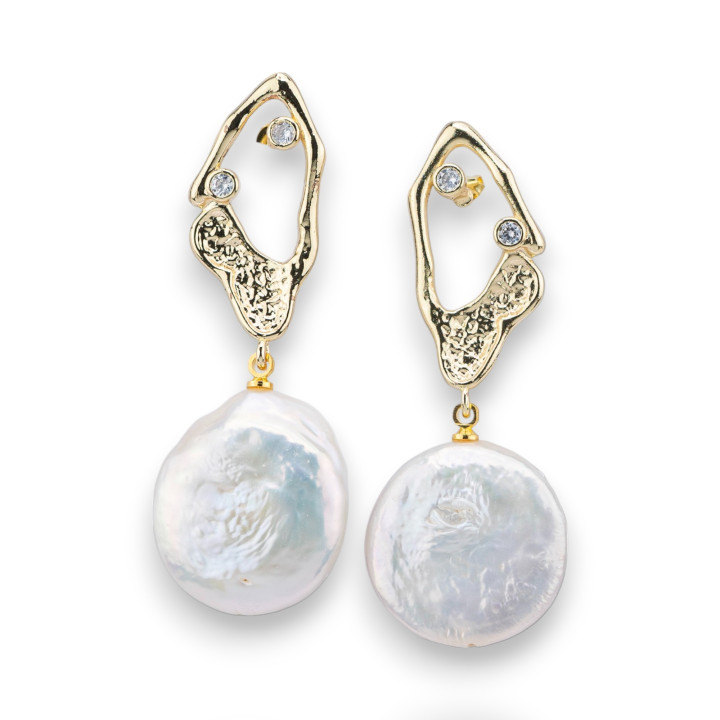Boucles D'oreilles Puces En Bronze Avec Points Lumineux Et Pendentif Perle De Rivière Baroque Ronde Doré Blanc