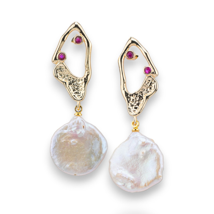 Boucles D'oreilles Puces En Bronze Avec Points Lumineux Et Pendentif Perle De Rivière Baroque Ronde Doré Rouge