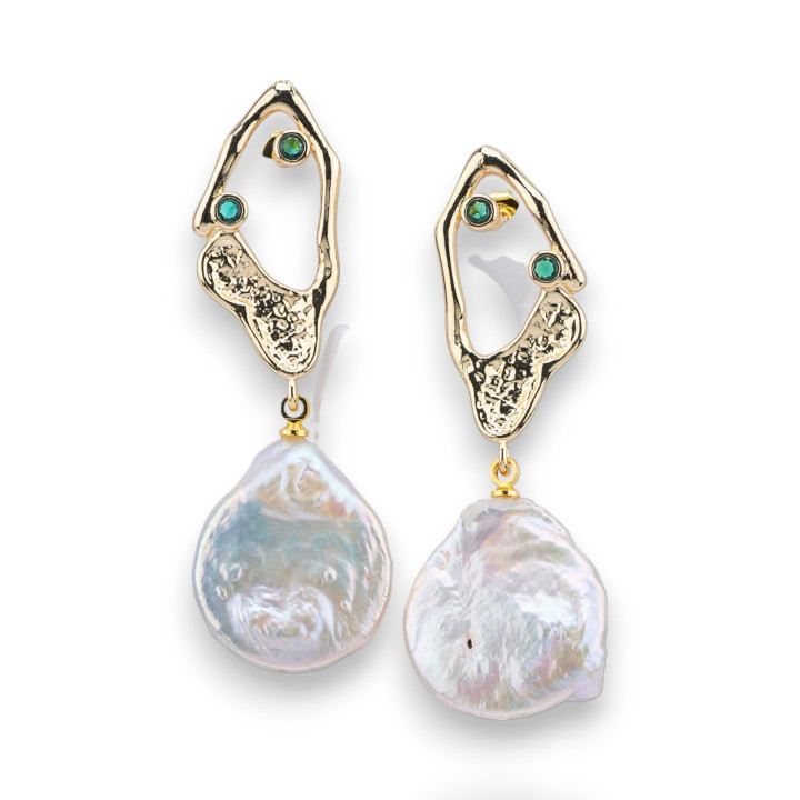 Bronze Stud Earrings With Light Points And Green Golden Round Baroque River Pearl Pendant