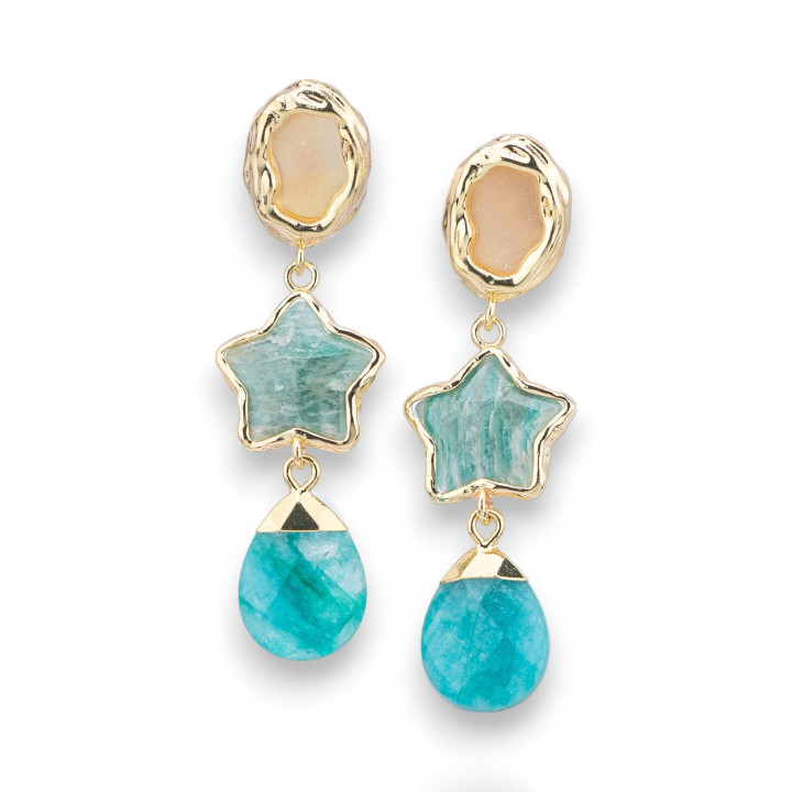 Boucles d'oreilles clous en bronze avec élément de pierre précieuse étoile et pendentif goutte d'amazonite dorée