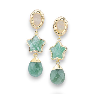 Bronze Stud Earrings With Star Element Of Hard Stones And Green Aventurine Golden Drop Pendant