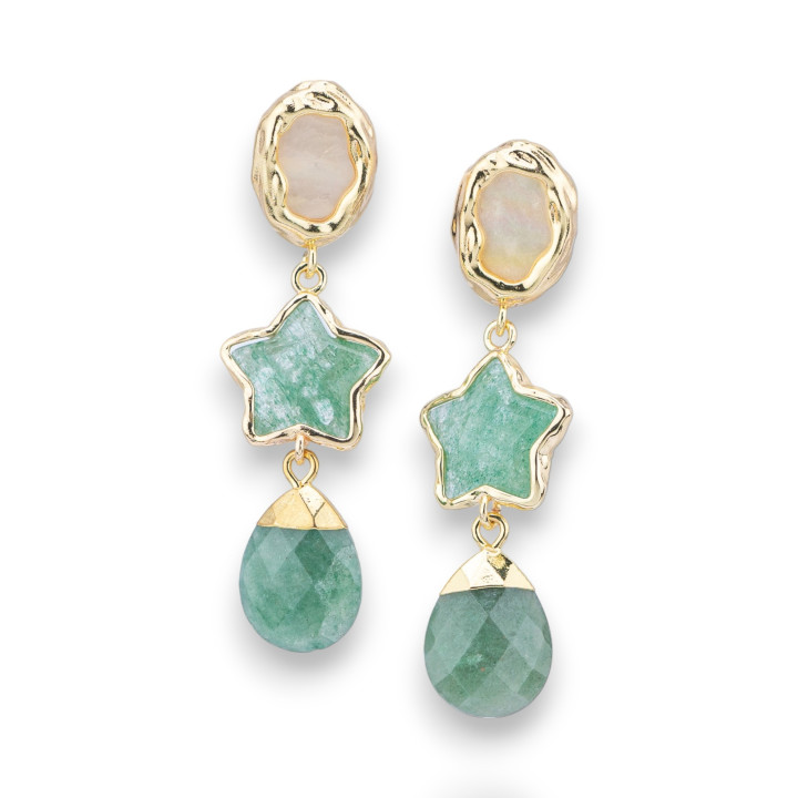 Bronze Stud Earrings With Star Element Of Hard Stones And Green Aventurine Golden Drop Pendant