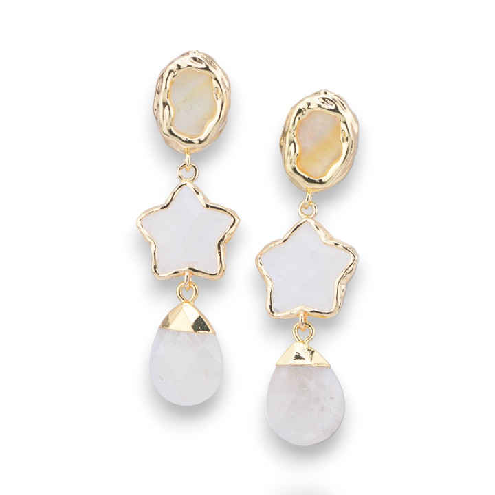 Boucles d'oreilles clous en bronze avec élément en pierre semi-précieuse en forme d'étoile et pendentif goutte en cristal de roc