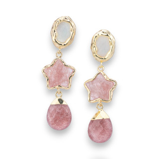 Bronze Stud Earrings With Star-shaped Semiprecious Stone Element And Golden Powder Quartz Drop Pendant