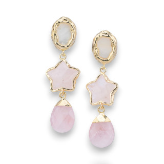 Bronze Stud Earrings With Star Element Of Semi-precious Stones And Pink Golden Drop Pendant