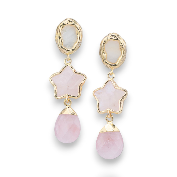 Pendientes De Bronce Con Elemento Estrella De Piedras Semipreciosas Y Colgante De Gota De Oro Rosa