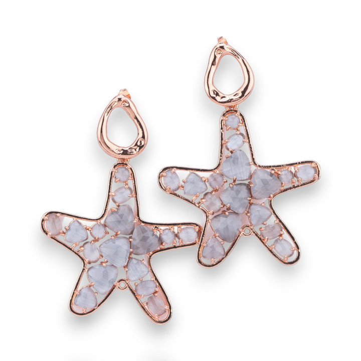 Boucles D'oreilles Puces En Bronze Avec Étoile De Mer Et Oeil De Chat Sertie Or Rose Gris