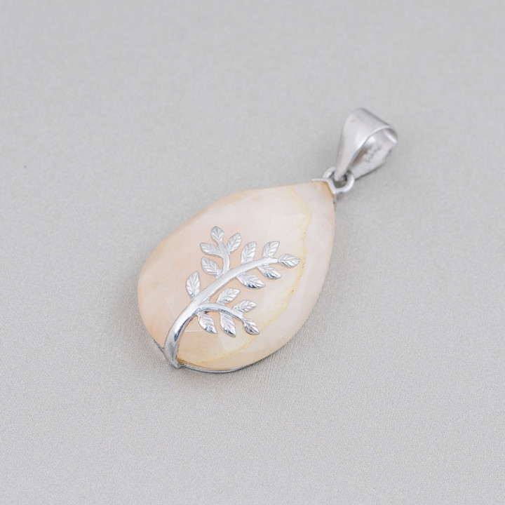 Pendant of 925 Silver and Semi-precious Stones Flat Faceted Drop 20x32mm Calcite