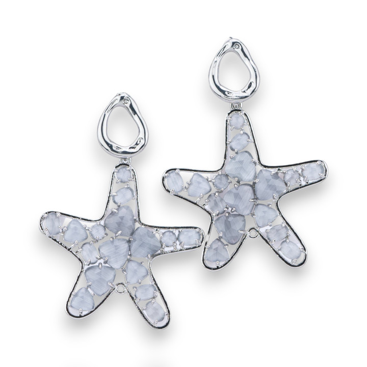 Boucles D'oreilles Tige En Bronze Avec Étoile De Mer Et Oeil De Chat Sertie De Rhodium