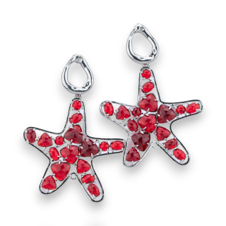 Bronze Stud Earrings With Starfish With Cat's Eye Set In Red Rhodium