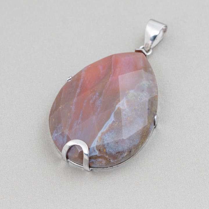 Pendentif Argent 925 Et Pierres Dures Goutte Plate Facette 30x40mm - Agate Indienne