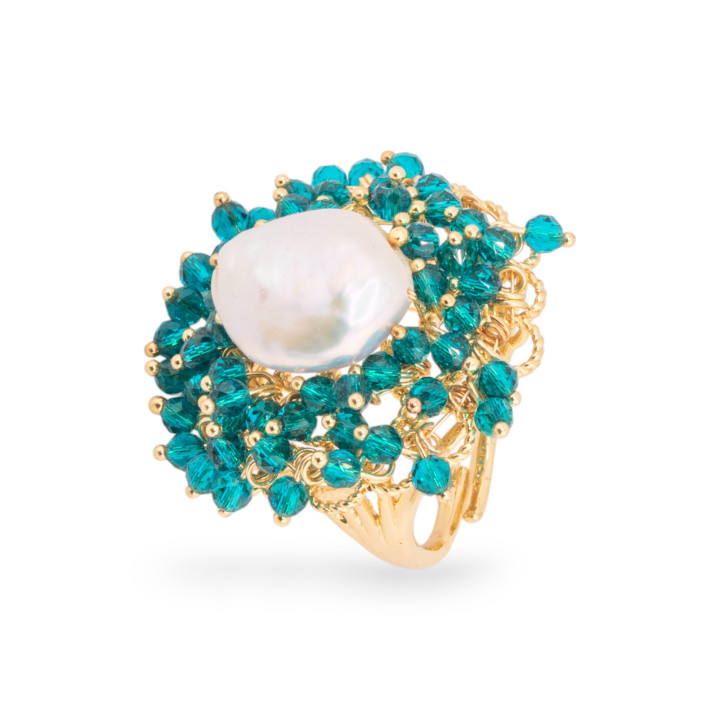 Anillo De Bronce Con Cuentas Y Perlas De Agua Dulce 30x32mm Tamaño Ajustable Verde Azulado Dorado