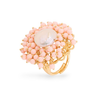 Bague Bronze Avec Perles Et Perles D'eau Douce 30x32mm Taille Ajustable Pâte De Corail Rose Doré