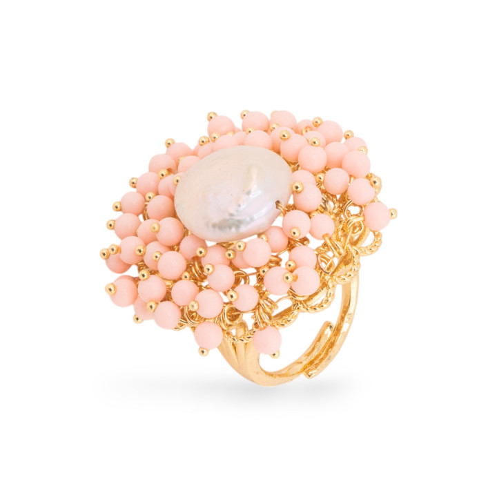 Anello Di Bronzo Con Perline E Perle Di Fiume 30x32mm Misura Regolabile Dorato Pasta Di Corallo Rosa