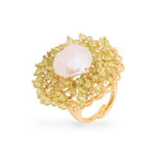 Bague Bronze Avec Perles Et Perles D'eau Douce 30x32mm Taille Ajustable Péridot Doré