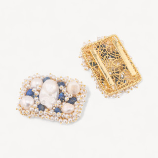 Central Component With Beads, Semi-precious Stones And River Pearls On Filigree 35x45mm Golden Lapis Lazuli