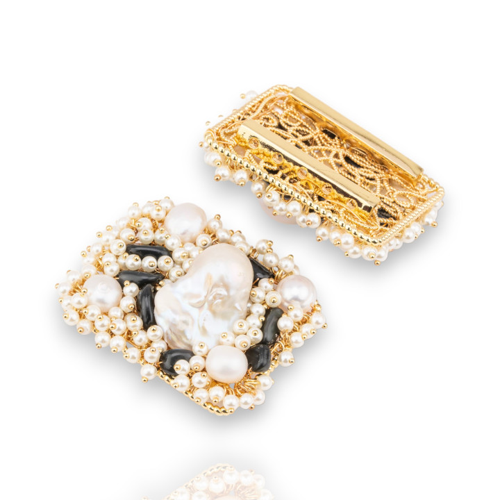 Central Component With Beads, Semi-precious Stones And River Pearls On Filigree 35x45mm Golden Black