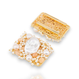 Central Component With Beads, Semi-precious Stones And River Pearls On Filigree 35x45mm Golden Pink Moonstone