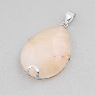 Anhänger aus 925er Sterlingsilber und Steinen, flacher facettierter Tropfen, 30 x 40 mm - Calcit