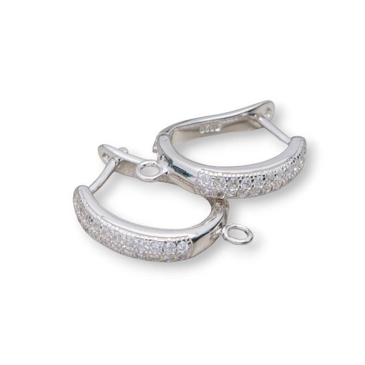 Base For Earrings Of 925 Silver With Zircons Closed Post 13x19mm 2 Pairs Rhodium Plated