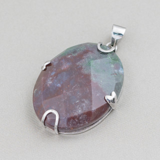Pendant of 925 Silver and Semiprecious Stones Oval Flat Faceted 30x40mm Indian Agate