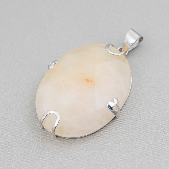 Ciondolo di Argento 925 E Pietre Dure Ovale Piatto Sfaccettato 30x40mm Calcite