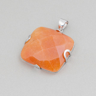 925 Silver and Semiprecious Stones Pendant Flat Square Faceted 30mm - Red Aventurine (Eosite)