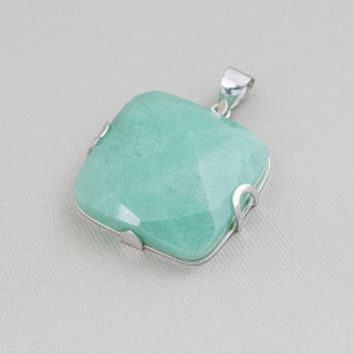 Ciondolo di Argento 925 E Pietre Dure Quadrato Piatto Sfaccettato 30mm - Avventurina Verde
