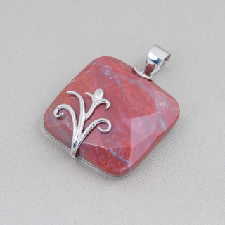 Pendentif Argent Massif 925 Et Pierres Dures Carré Plat Facette 30mm Mod2 Agate Indienne Rouge