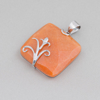 Pendentif Argent 925 Et Pierres Dures Carré Plat Facette 30mm Mod2 Aventurine Rouge (Eosite)