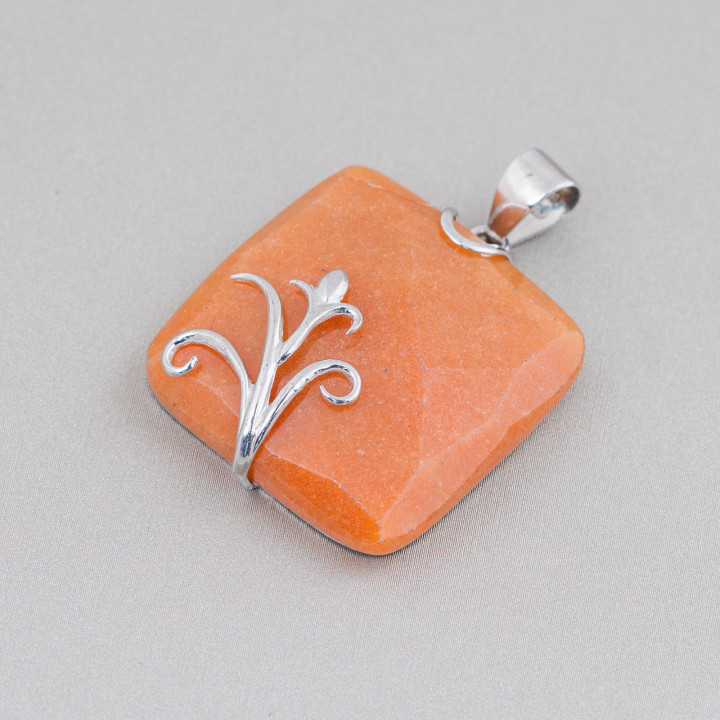 Pendentif Argent 925 Et Pierres Dures Carré Plat Facette 30mm Mod2 Aventurine Rouge (Eosite)