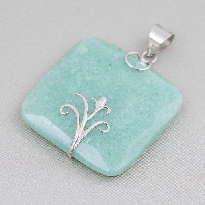 Anhänger aus 925er Sterlingsilber und harten Steinen, quadratisch, flach, facettiert, 40 mm, grüner Aventurin