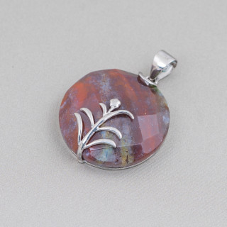 Ciondolo di Argento 925 E Pietre Dure Tondo Piatto Sfaccettato 30mm Agata Indiana
