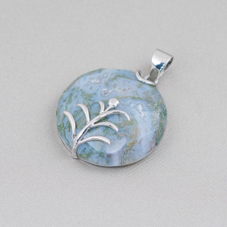 Pendentif Argent Massif 925 Et Pierres Dures Rondes Plates Facettes 30mm Agate Indienne Verte