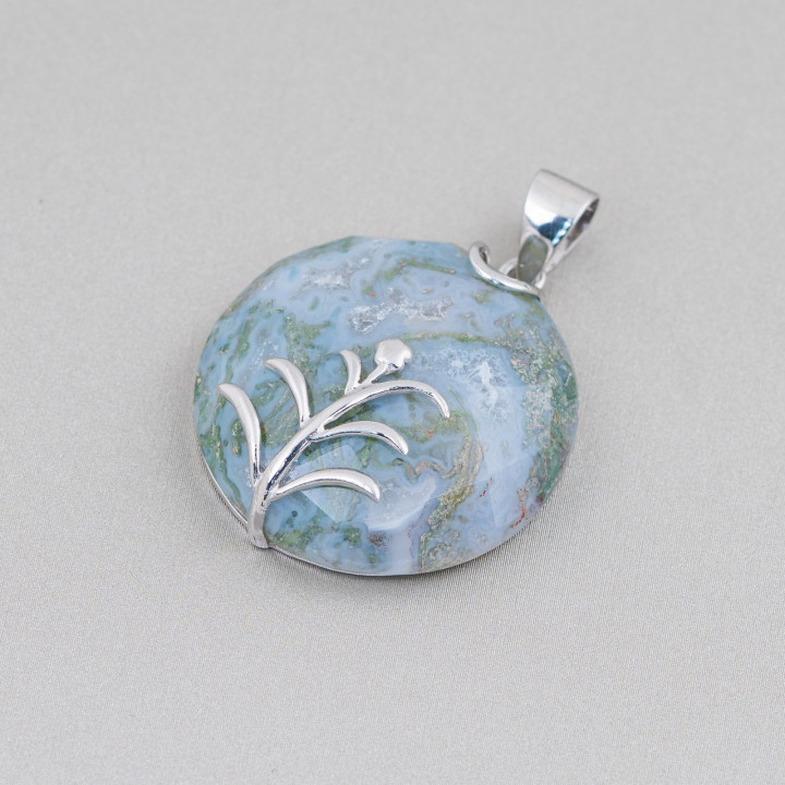 Pendant of 925 Silver and Semiprecious Stones Round Flat Faceted 30mm Green Indian Agate