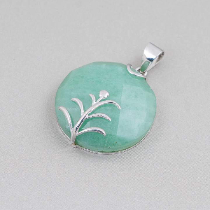 Pendentif Argent Massif 925 Et Pierres Dures Rondes Plates Facettes 30mm Aventurine Verte