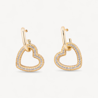 Closed Stud Earrings Of 925 Silver With Micropave' Heart Zircons 17x27mm 1 Pair White Golden