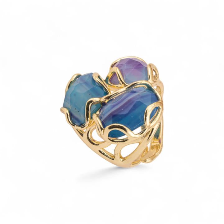Bronze Ring With Natural Stones 25x27mm Adjustable Size Golden Blue Agate Striped