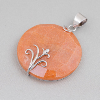 925 Silver and Semiprecious Stones Pendant Round Flat Faceted 40mm - Red Aventurine (Eosite)
