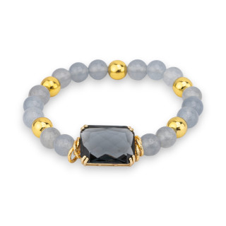 Elastic Bracelet of Semi-precious Stones 08mm with Hematite and Central Crystal Cabochon 15x20mm Gray