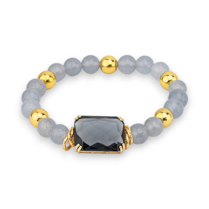 Bracciale Elastico Di Pietra Dure  8mm Con Ematite E Centrale Cabochon Di Cristallo 15x20mm Grigio